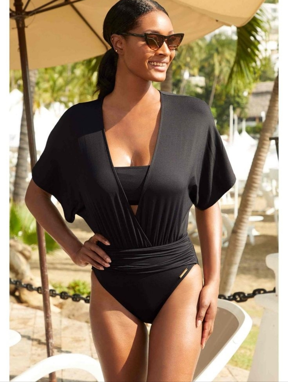 Vince Camuto Cruise Women's Black Kimono Sleeve Blouson Swimsuit